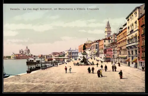 AK Venezia, La riva degli Schiavoni, col Monumento a Vittorio Emanuele