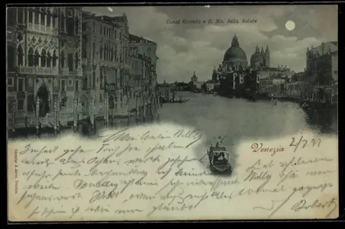 Mondschein-AK Venezia, Canal Grande e S. Ma. della Salute con gondola