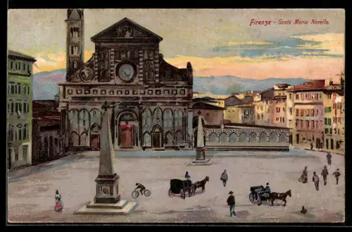Künstler-AK Firenze, Santa Maria Novella con carrozze e persone sulla piazza