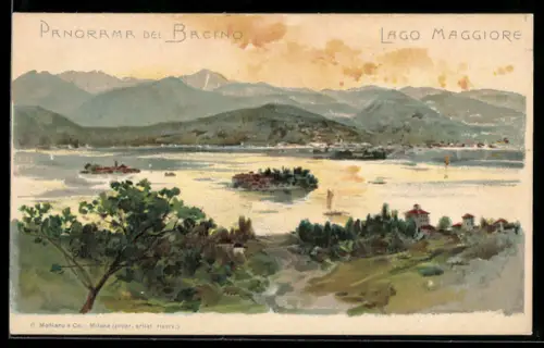 Künstler-AK Lago Maggiore, Panorama del bacino con isole e montagne sullo sfondo