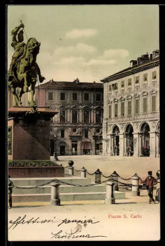 AK Torino, Piazza S. Carlo con statua e edifici storici