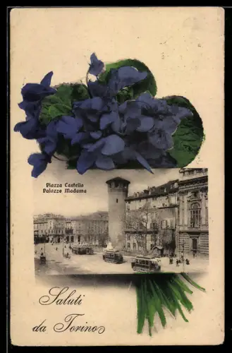 AK Torino, Piazza Castello e Palazzo Madama con tram e fiori