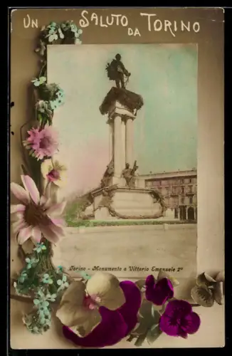 AK Torino, Monumento a Vittorio Emanuele II con fiori decorativi