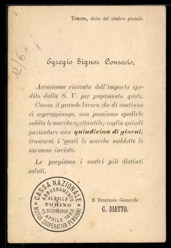 AK Torino, Lettera della Cassa Nazionale Mutua Cooperativa per le Pensioni