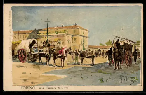 Künstler-AK Torino, Alla Barriera di Nizza, scene di vita quotidiana con carri trainati da cavalli