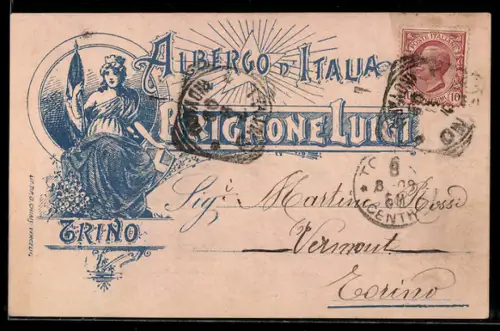 AK Torino, Brignone Luigi, Albergo d`Italia con illustrazione artistica