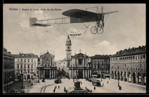 AK Torino, Piazza S. Carlo vista da via Roma con aereo storico in volo
