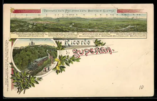 Lithographie Superga, Panorama delle Alpi e tranvia presso la Basilica di Superga