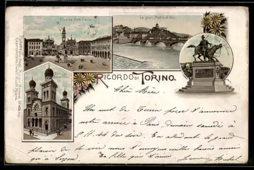 Lithographie Torino, Tempio Israelitico, Piazza San Carlo e Gran Madre di Dio