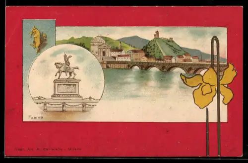 Lithographie Torino, Monumento e panorama collinare con fiume e ponte
