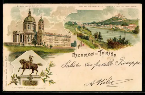 Lithographie Torino, Chiesa Reale di Superga e monumento a Emanuele Filiberto