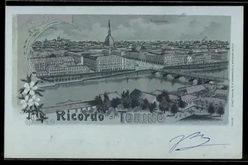 Mondschein-Lithographie Torino, Panorama con fiume Po