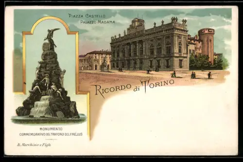 Lithographie Torino, Piazza Castello e Monumento Commemorativo del Traforo del Frejus