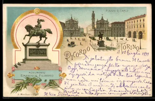 Lithographie Torino, Piazza S. Carlo, Monumento Emanuele Filiberto