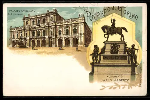 Lithographie Torino, Palazzo Carignano e Monumento Carlo Alberto