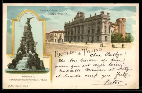 Lithographie Torino, Piazza Castello Palazzo Madama e Monumento Commemorativo del Traforo del Frejus