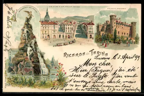 Lithographie Torino, Monumento del Fréjus e Palazzo Madama