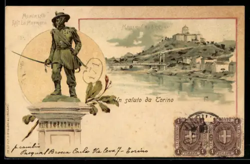 Lithographie Torino, Monumento Alf. La Marmora e vista del Monte dei Cappuccini