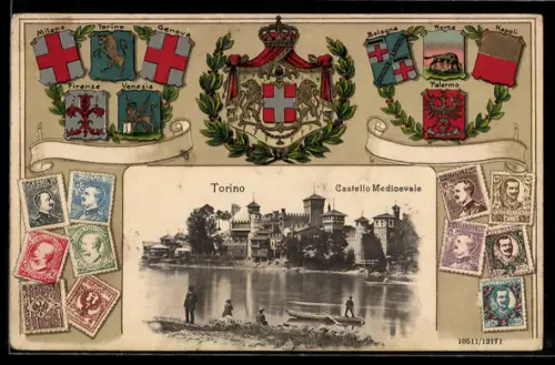 Präge-AK Torino, Castello Medioevale con stemmi e francobolli decorativi