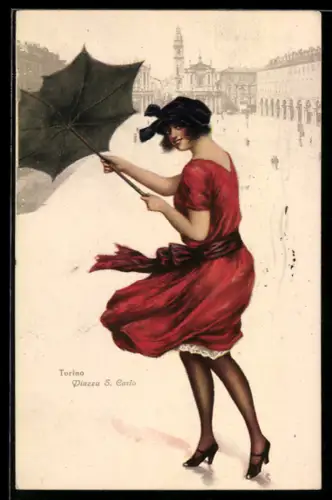 Künstler-AK Torino, Piazza S. Carlo con donna elegante e ombrello