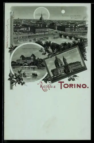 Mondschein-Lithographie Torino, Veduta panoramica, Castello del Valentino, Chiesa Reale di Superga