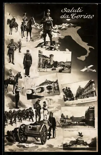AK Torino, Saluti da Torino con immagini militari e monumenti storici