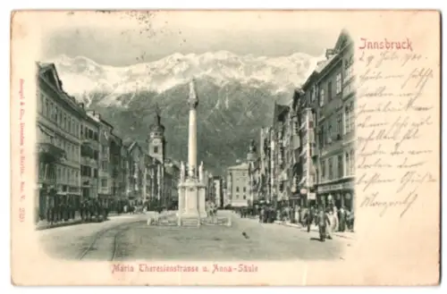 AK Innsbruck, Maria Theresienstrasse und Anna-Säule, Leute, Geschäfte