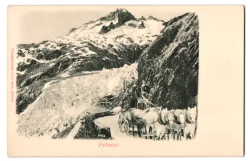 AK Furka, Postkutsche der Furkapost, Blick auf den Gletscher