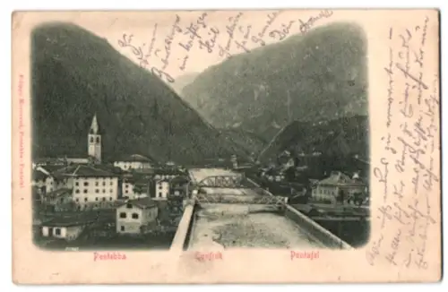 Relief-AK Pontafel, Panorama mit Kirche und Brücke