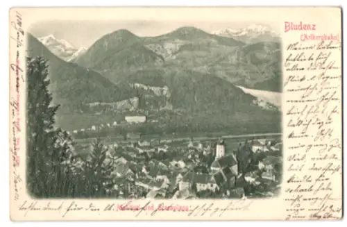 Relief-AK Bludenz, Totalansicht mit Montigel und Scesaplana