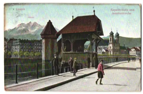 Relief-AK Luzern, Kapellbrücke und Jesuitenkirche