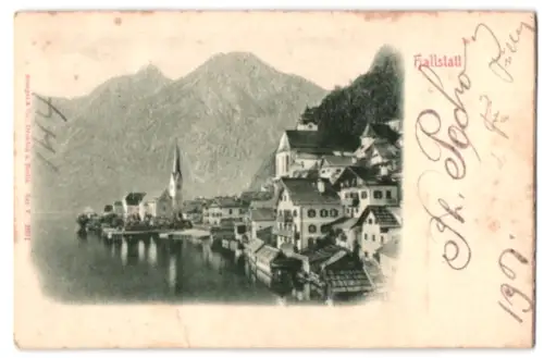 Relief-AK Hallstatt, Teilansicht mit Kirche und Bergpanorama