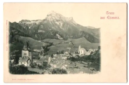 Relief-AK Eisenerz, Totalansicht mit Bergpanorama