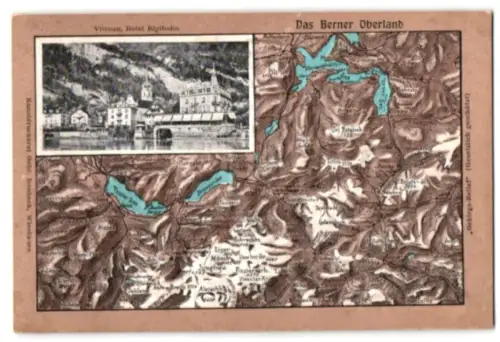 Relief-AK Vitznau, Hotel Rigibahn, Landkarte Berner Oberland