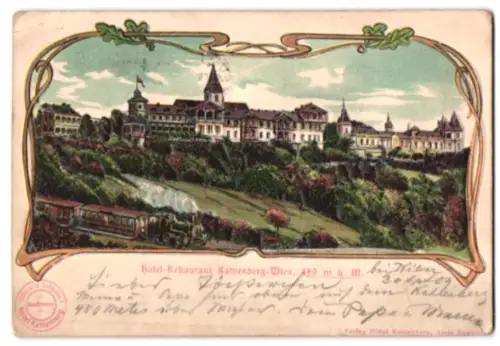 Relief-AK Wien, Hotel-Restaurant Kahlenberg, Eisenbahn