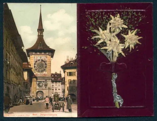 Trockenblumen-AK Bern, Zeitglockenturm, Kornhausplatz und Brücke, Edelweiss-Sträusschen