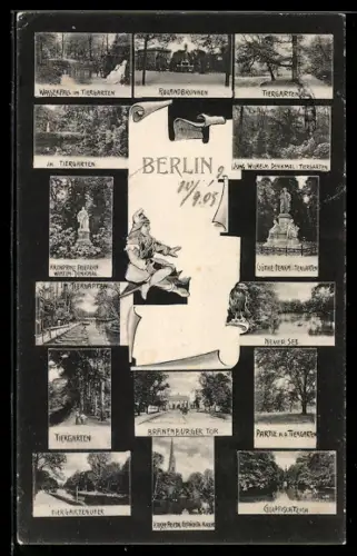 Mikroskop-AK Berlin, Rolandbrunnen, Wasserfall im Tiergarten, Jung Wilhelm-Denkmal und Goethe-Denkmal