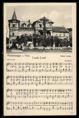 AK Finsterbergen i. Th., Hotel Linde, Linde-Lied mit Noten