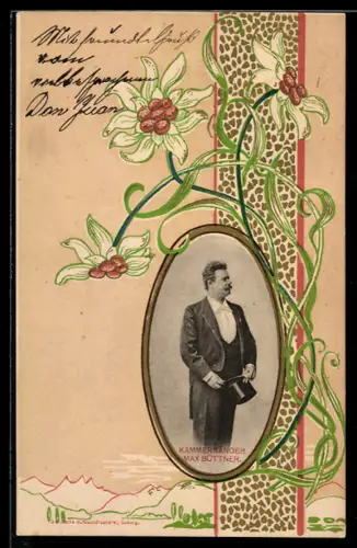 AK Portrait von Opernsänger Max Büttner, Passepartout im Jugendstil