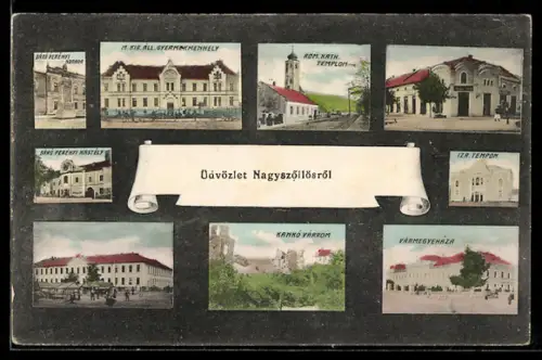 AK Nagyszöllös, Synagoge, Rom. Kath. Templom, M. Kir. Áll. Gyermekmenhely, Báró Perényi Szobor