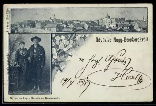 AK Nagybecskerek, Panorama mit Synagoge und Paar in landestypischer Tracht