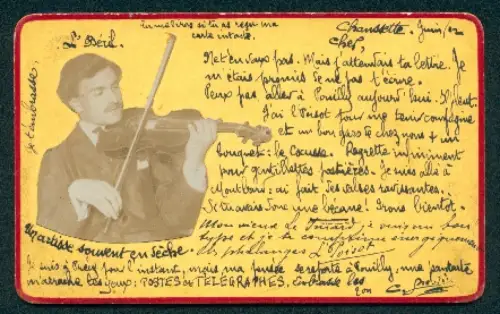 Handgemachte-Collage-AK Ausgeschnittenes Porträt eines Mannes mit Geige