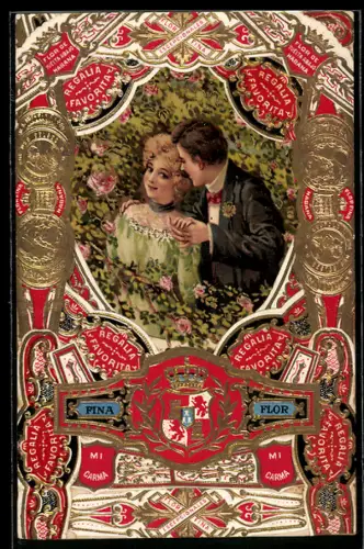 Handgemachte-Collage-AK Paar zwischen Rosen, Reklamemarken, Wappen mit Krone, Regalia Favorita, Fina Flor