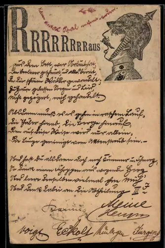 Handgemachte-Collage-AK Soldat mit Pickelhaube im Profil ruft Rrrrrrrrrrrrraus