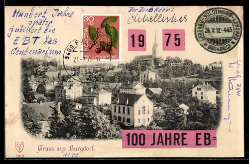 Handgemachte-Collage-AK Burgdorf, Ortspartie mit Kirche, aufgeklebte Jahreszahl 1975, 100 Jahre EB