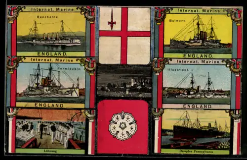 Handgemachte-Collage-AK Diverse Schiffe der internationalen Marine, Bacchante, Bulwark, Illustrious, Formidable