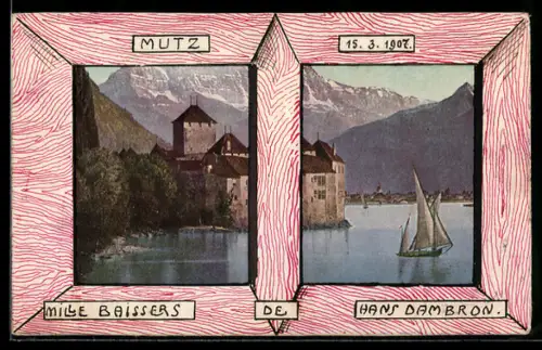 Handgemachte-Collage-AK Mutz, Schloss mit einem Segelboot davor im Jahr 1907, Passepartout im Stil eines Rahmens