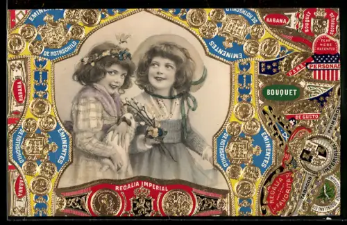 Handgemachte-Collage-AK Zwei Kinder mit Kaninchen, Reklamemarken, Regalia Imperial, Eminents de Rothschild