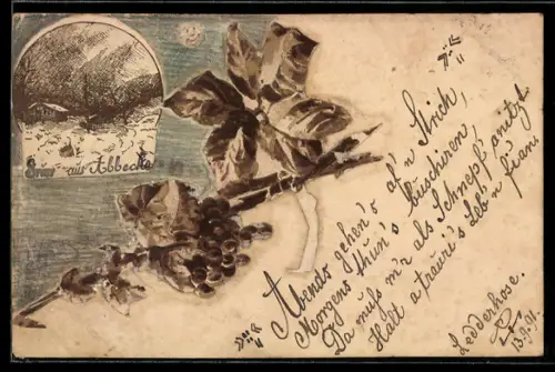 Handgemachte-Collage-AK Gezeichnete Ortspartie im Winter mit aufgeklebten Blumen im Passepartout