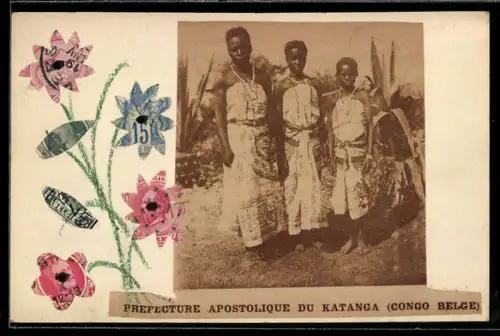 Handgemachte-Collage-AK Portrait von Menschen aus dem Kongo neben aufgeklebten Blumen